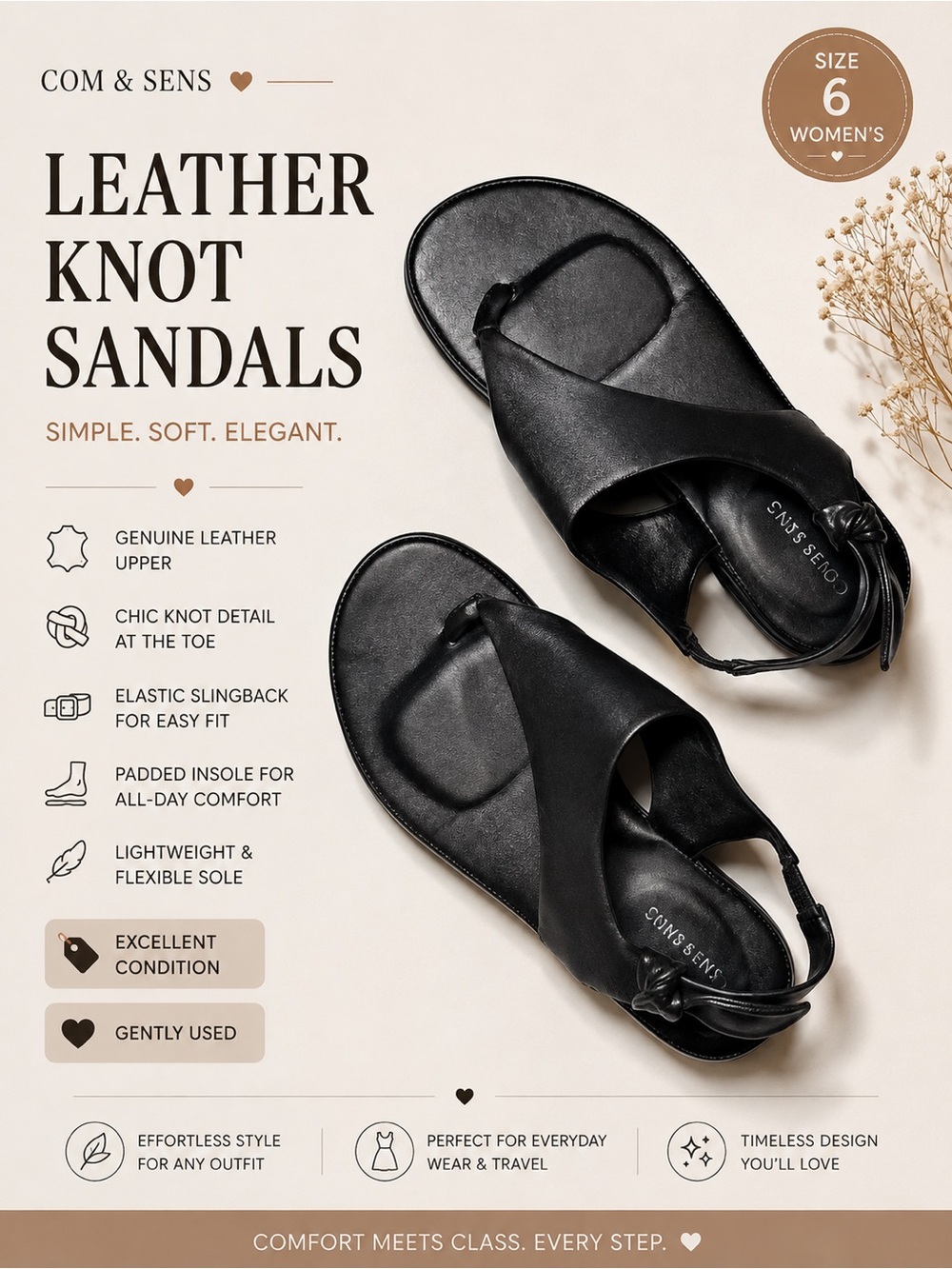 COM & SENS Black Leather Comfort Sandals | Size 6 | Summer Sandals